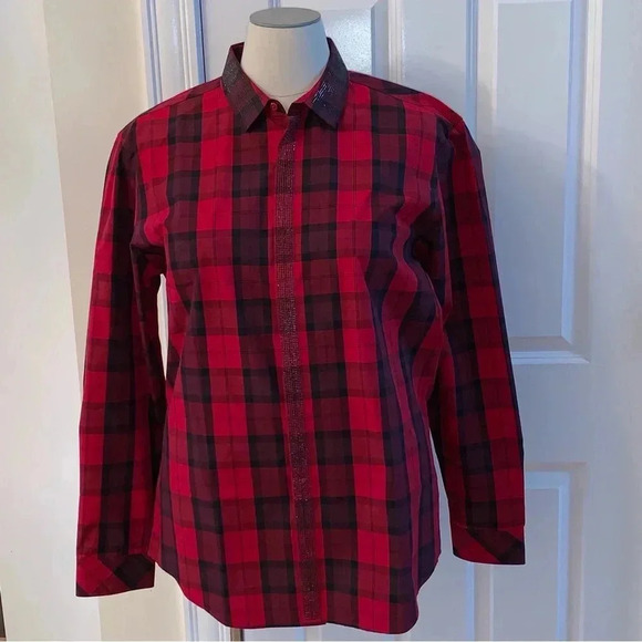 INC International Concepts Blouse Top NIGHT OUT Jester Red Plaid Beads Womens XL - Picture 1 of 8